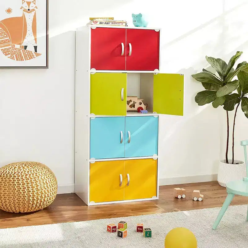 Bibliothèque-armoire de rangement polyvalente fermée Hodedah HID44, robuste, à 8 portes, à poser au sol, pour la maison et le bureau, finition bois de hêtre