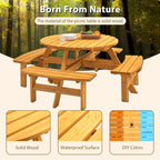 Ensemble de pique-nique et repas rond pour terrasse extérieure en bois de sapin, 8 personnes, avec 4 bancs intégrés et trou pour parasol
