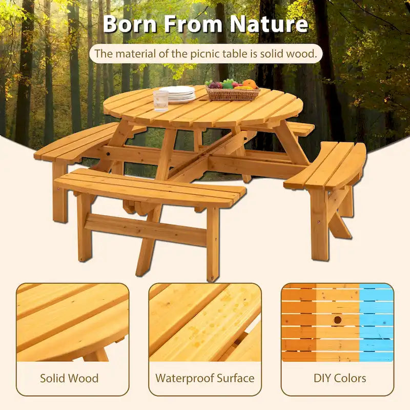 Ensemble de pique-nique et repas rond pour terrasse extérieure en bois de sapin, 8 personnes, avec 4 bancs intégrés et trou pour parasol