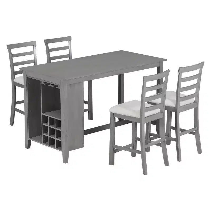 Set da pranzo in stile rustico composto da 5 pezzi, altezza bancone, con sedie per 4 persone, tavolo rettangolare in legno con ripiani contenitori e scomparto portabottiglie