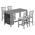 Set da pranzo in stile rustico composto da 5 pezzi, altezza bancone, con sedie per 4 persone, tavolo rettangolare in legno con ripiani contenitori e scomparto portabottiglie