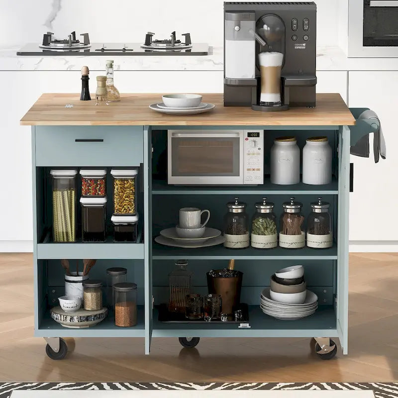 Isola da cucina con piano di lavoro pieghevole, carrello portaoggetti da cucina con ripiano estraibile, portasciugamani e cassetto, ruote girevoli