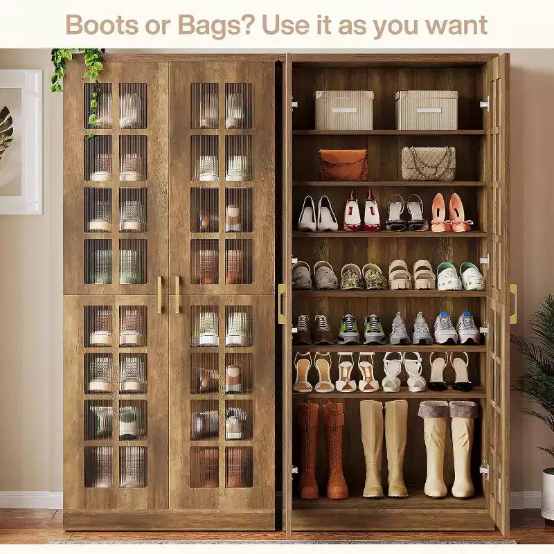 Meuble à chaussures haut Lantine avec portes, rangement à chaussures à 8 niveaux avec étagères réglables, meuble à chaussures moderne pour entrée, placard ou salon, blanc