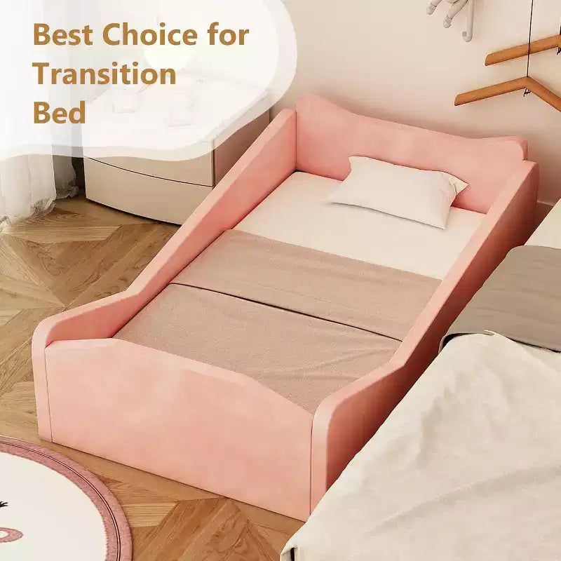 Letto per bambini JOYMOR, letto da pavimento con sponda di sicurezza, letto Montessori per bambini con forme di orecchie di animali, rosa