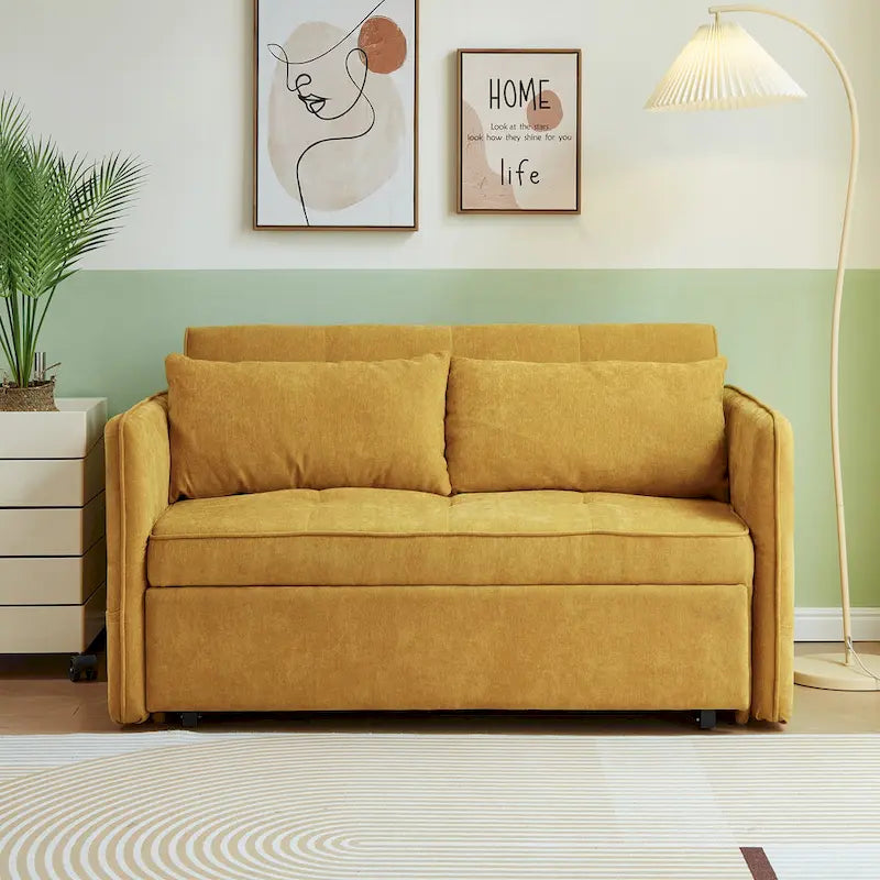 Canapé-lit escamotable en tissu chenille jaune - 39.00 x 53.50 x 31.50