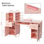 Table de manucure moderne noire et rose avec plateau en verre et repose-poignets, poste individuel