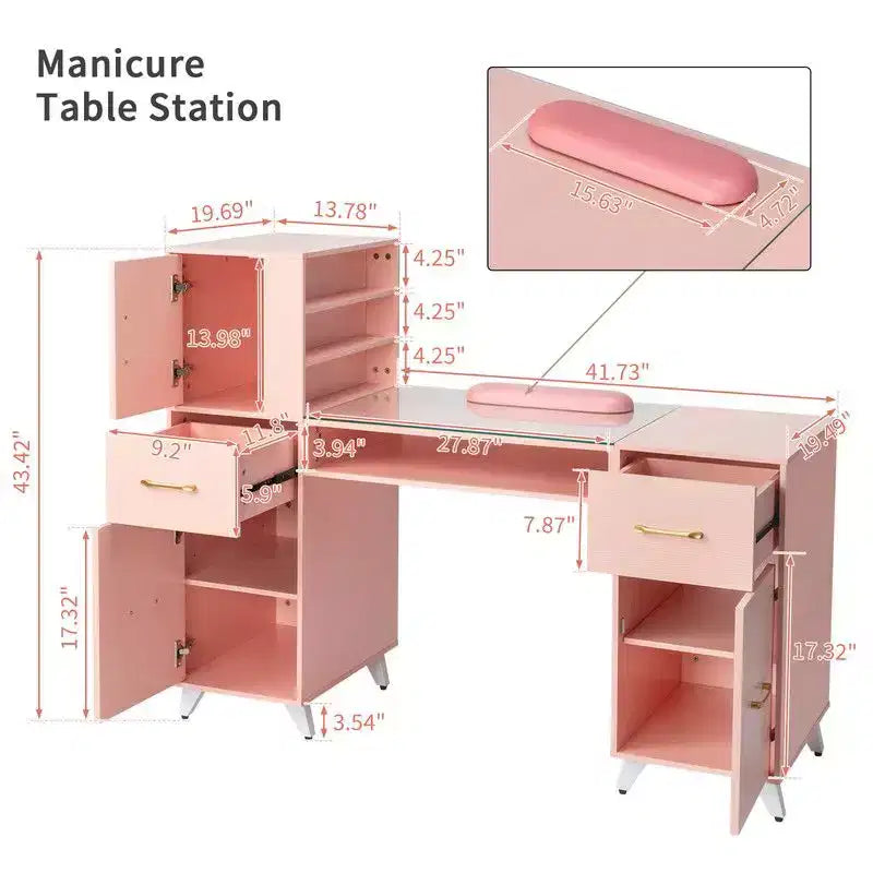 Table de manucure moderne noire et rose avec plateau en verre et repose-poignets, poste individuel