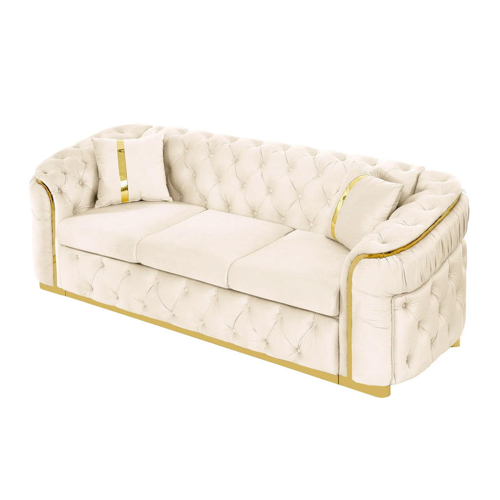 Canapé 3 places en velours de 90,6 avec 2 coussins, coussins haute densité, accents dorés et oreillers
