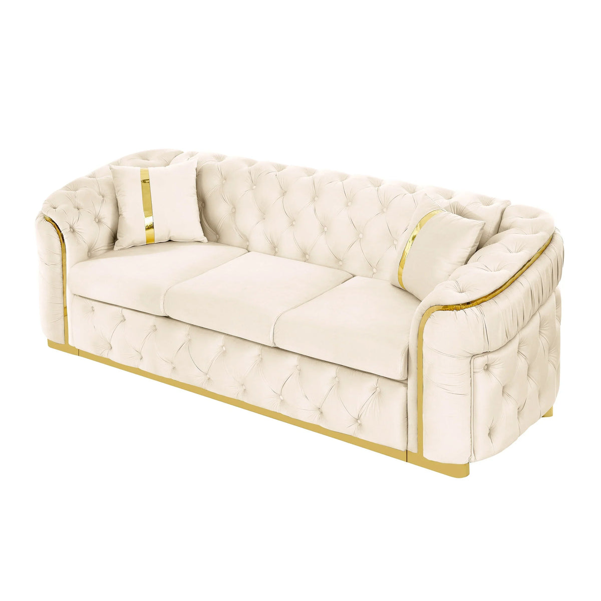 Canapé 3 places en velours de 90,6 avec 2 coussins, coussins haute densité, accents dorés et oreillers