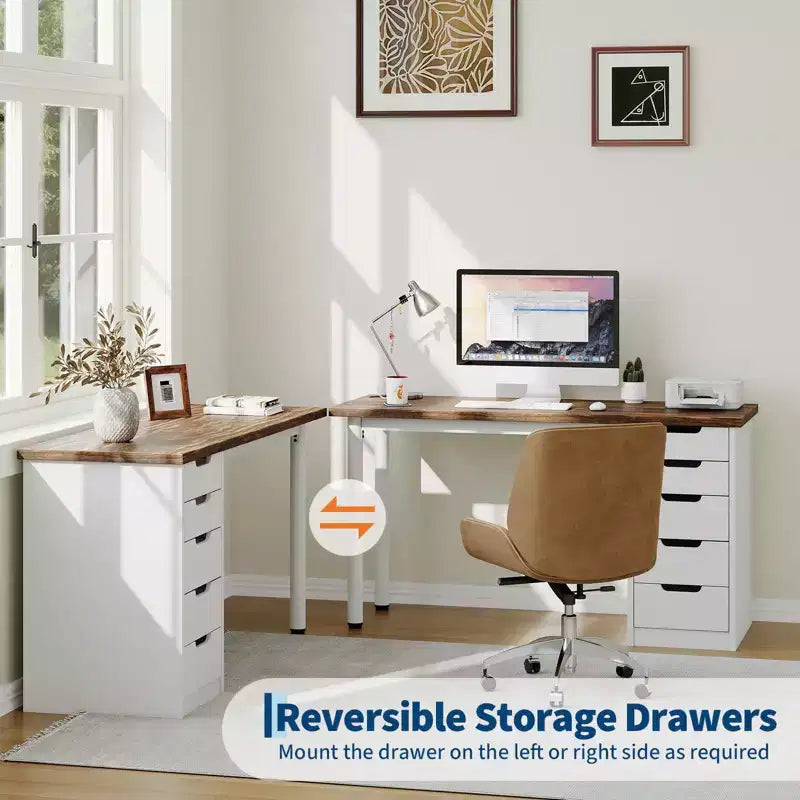 Scrivania per computer da 47 pollici con 5 cassetti portaoggetti, tavolo moderno rustico reversibile da studio e scrittura, postazione per ufficio domestico per piccoli spazi