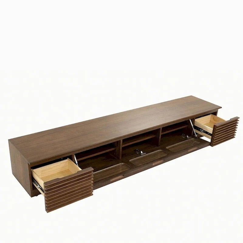 Meuble TV minimaliste avec tiroirs, console multimédia en bois massif avec placards, porte basculante, placage noyer, entièrement assemblée