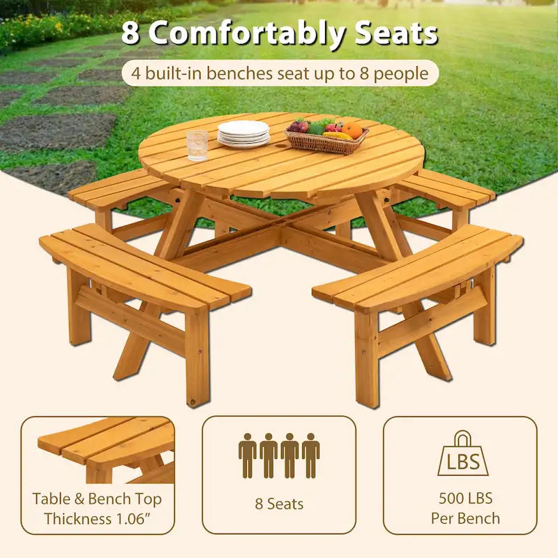 Ensemble de pique-nique et repas rond pour terrasse extérieure en bois de sapin, 8 personnes, avec 4 bancs intégrés et trou pour parasol