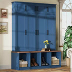 Mobile da ingresso blu in stile rustico The Misty Moon con 4 ganci appendiabiti nascosti e versatile panca in noce con 8 ante
