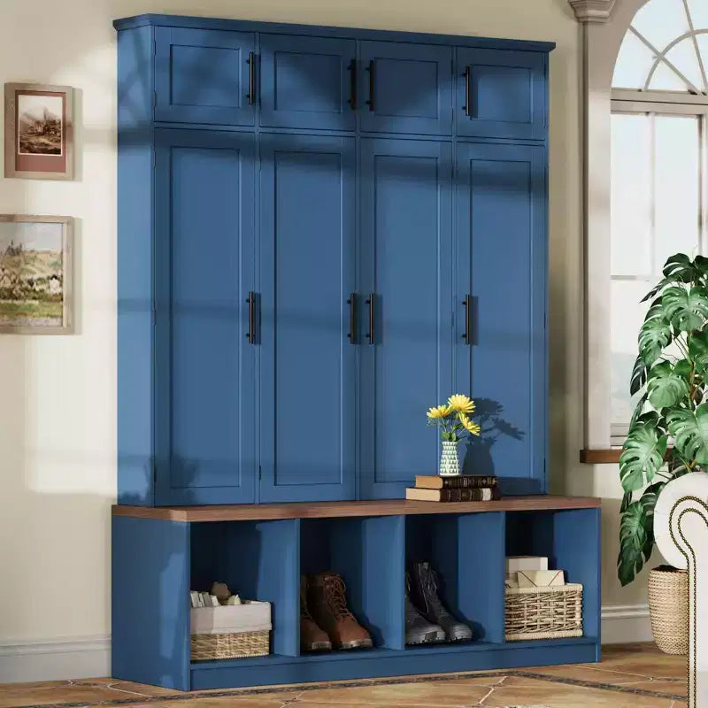 Mobile da ingresso blu in stile rustico The Misty Moon con 4 ganci appendiabiti nascosti e versatile panca in noce con 8 ante