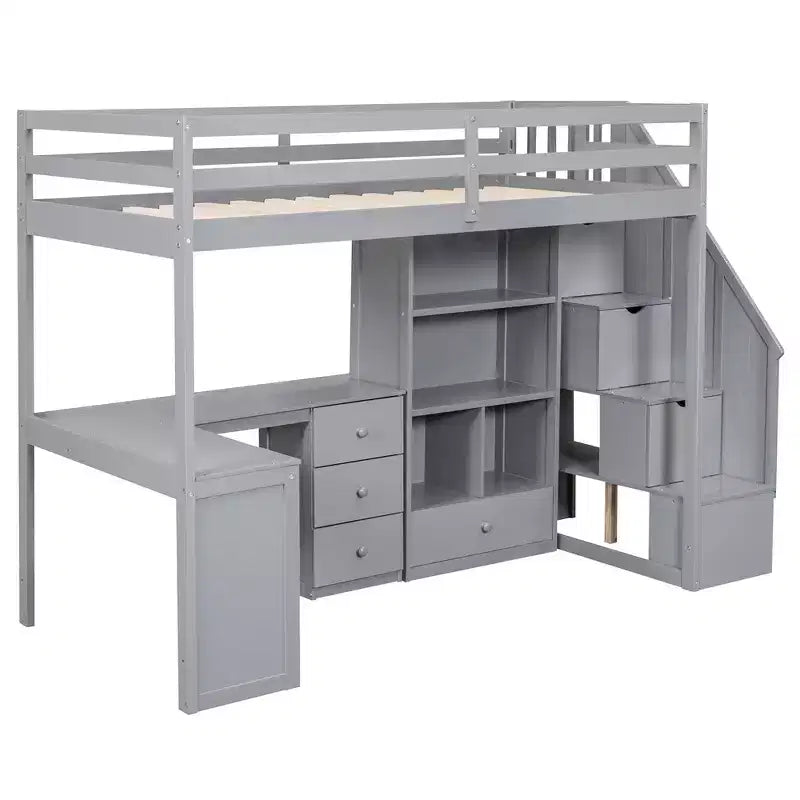 Letto a soppalco singolo con scrivania a L, 3 cassetti, armadietto e spazio contenitore nella scala, struttura in pino massello e MDF