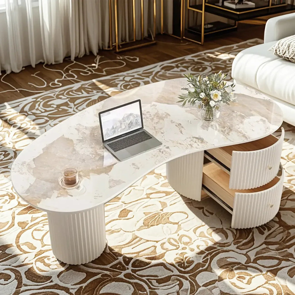 Table basse ovale blanche standard minimaliste avec 2 tiroirs