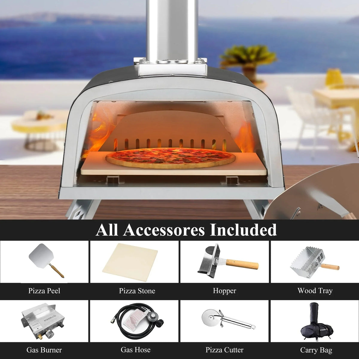 Four à pizza extérieur multicombustible, appareil à pizza cuite sur pierre avec brûleur à gaz et compartiment à bois – 12 pouces