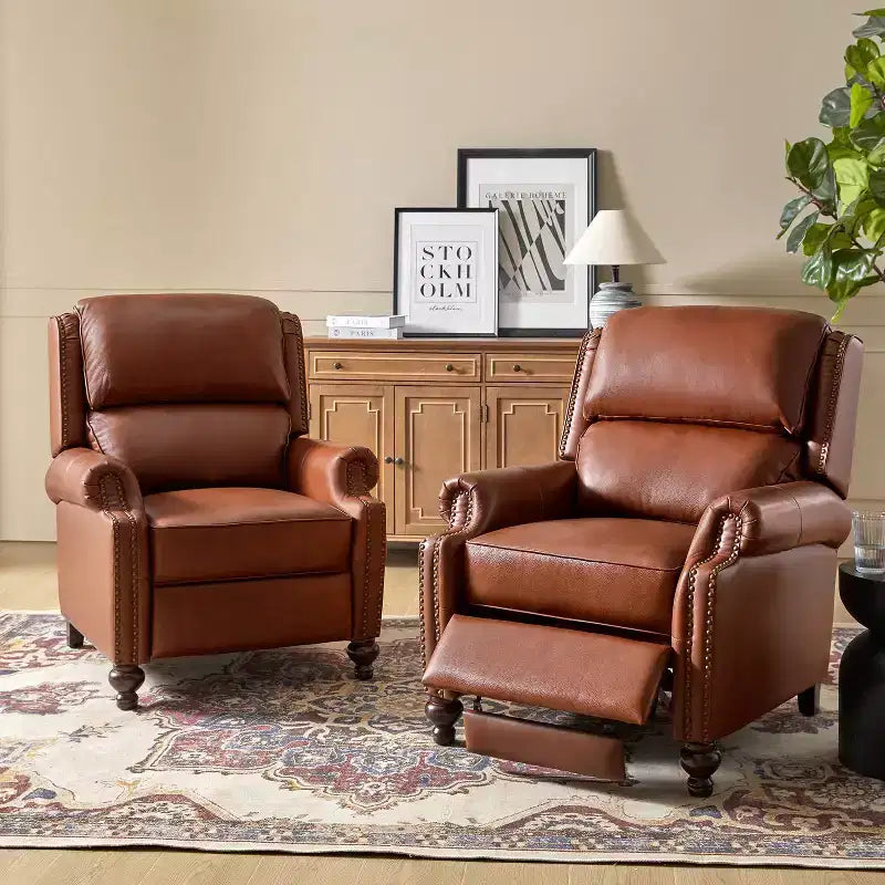 Set di 2 poltrone reclinabili moderne Elisabete con schienale ad ali in vera pelle e borchie decorative vintage per soggiorno e camera da letto| ART OF LIVING DESIGNS