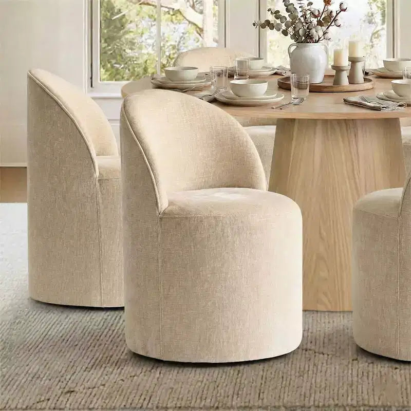Ensemble de table à manger moderne pour 6 personnes, table ronde à piètement central, fauteuils tonneau pivotants à roulettes, chenille texturée - Panipeachy