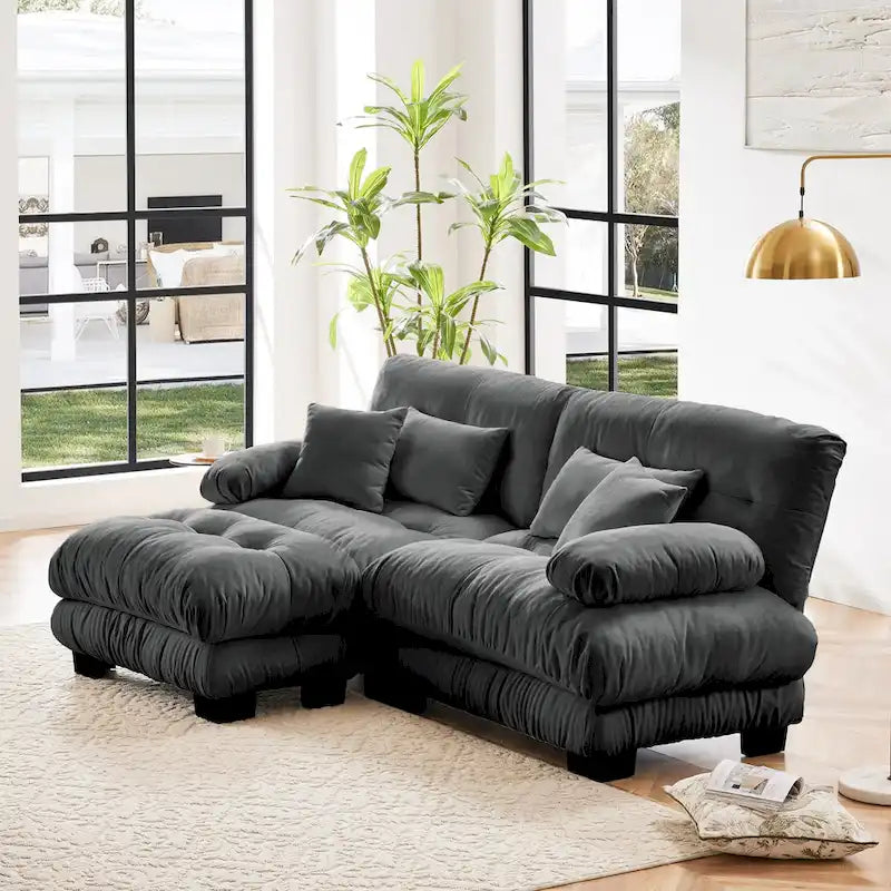 Canapé deux places modulable en L en chenille avec coussins lombaires