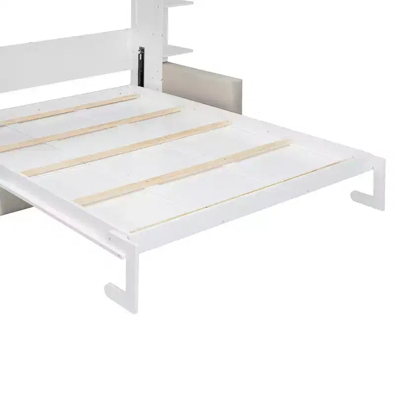 Letto a scomparsa Queen Murphy da parete con divano, letto a scomparsa matrimoniale Queen in mobile con libreria e ripiani per camera degli ospiti o ufficio