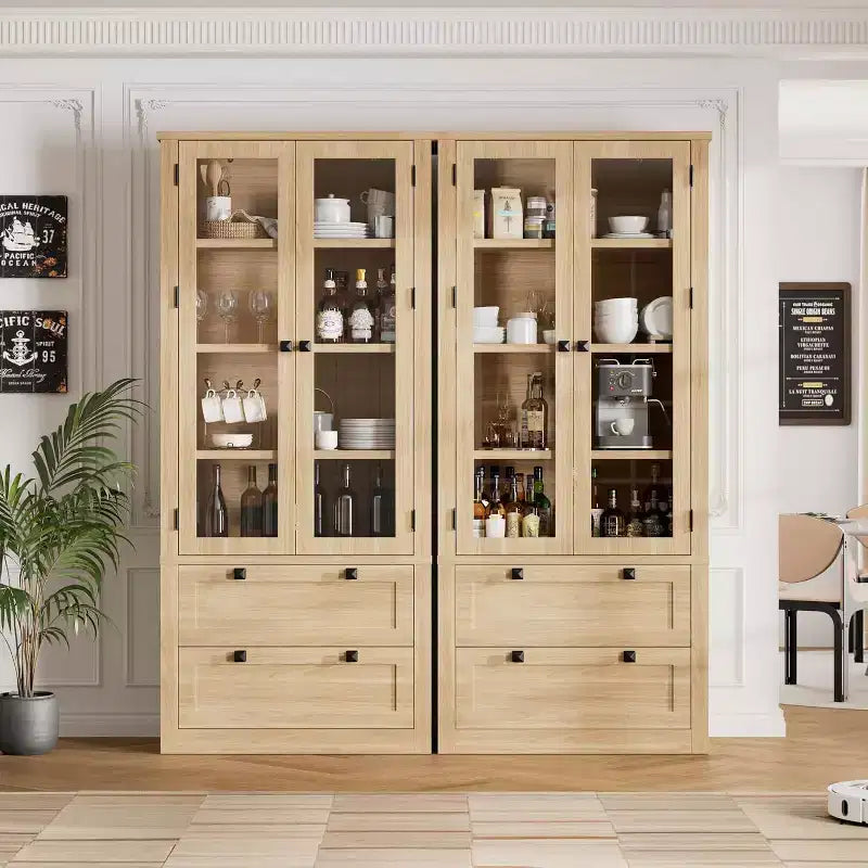 Dispensa da cucina in stile rustico con ante in vetro, mobile contenitore da 72 pollici con cassetti e ripiani regolabili per sala da pranzo, bagno e soggiorno