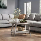 Honey Brown Round Coffee Table with 2 Tiers of Storage, Measuring 31.5 x 17.7 Inches, Ideal for the Living Room