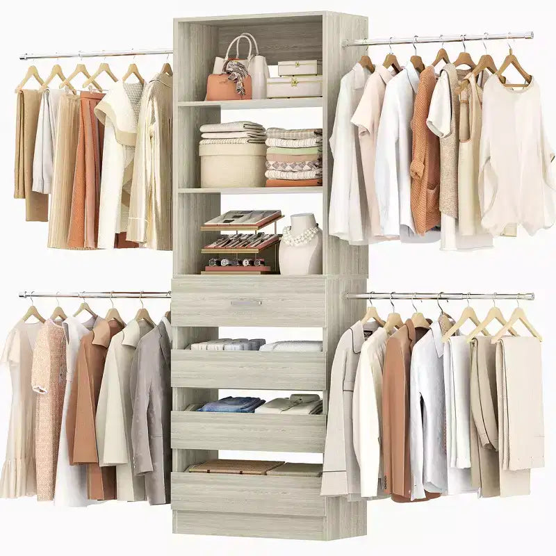 Système d’organisation de dressing en bois Besiost de 4 à 9 pieds avec 4 tiroirs, 4 tringles et des colonnes d’étagères