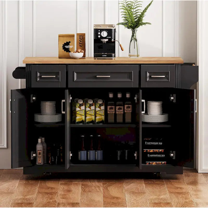 54 Îlot de cuisine grand format avec rallonge rabattable en bois d’hévéa, desserte de cuisine roulante à texture gaufrée sur 4 roulettes avec 4 portes et 3 tiroirs
