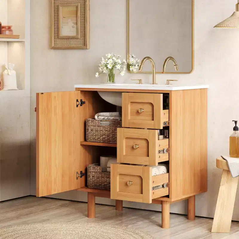 Meuble-lavabo en céramique JVNOXK de 30 po, style rustique moderne, avec 3 tiroirs et 1 grande porte à fermeture amortie, meuble de rangement à grain de bois naturel