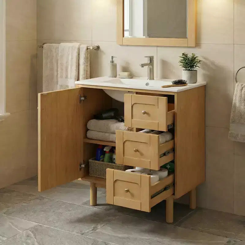 Meuble-lavabo en céramique JVNOXK de 30 po, style rustique moderne, avec 3 tiroirs et 1 grande porte à fermeture amortie, meuble de rangement à grain de bois naturel