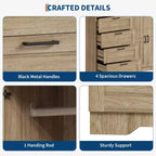Armadio guardaroba in legno alto 43,3" con 4 cassetti e barra appendiabiti, mobile contenitore multifunzionale per abiti da camera da letto