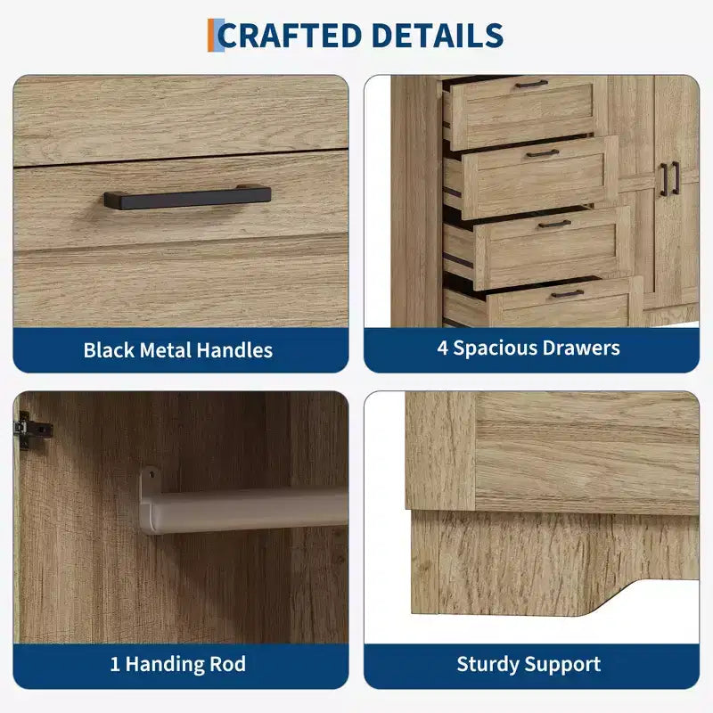 Armadio guardaroba in legno alto 43,3" con 4 cassetti e barra appendiabiti, mobile contenitore multifunzionale per abiti da camera da letto