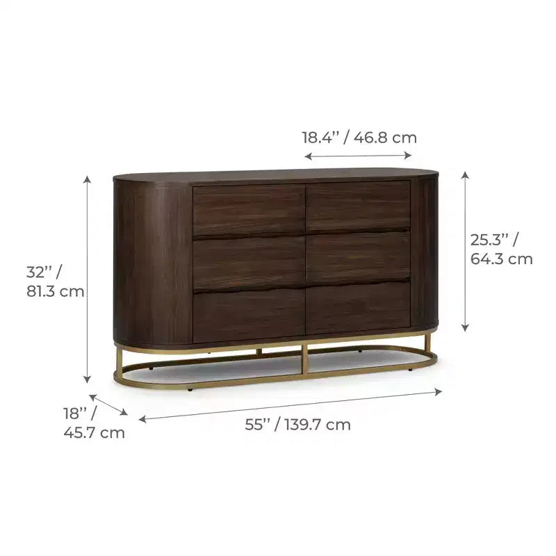 Cassettiera moderna a 6 cassetti con design a bordo vivo, base in metallo e struttura resistente in legno misto