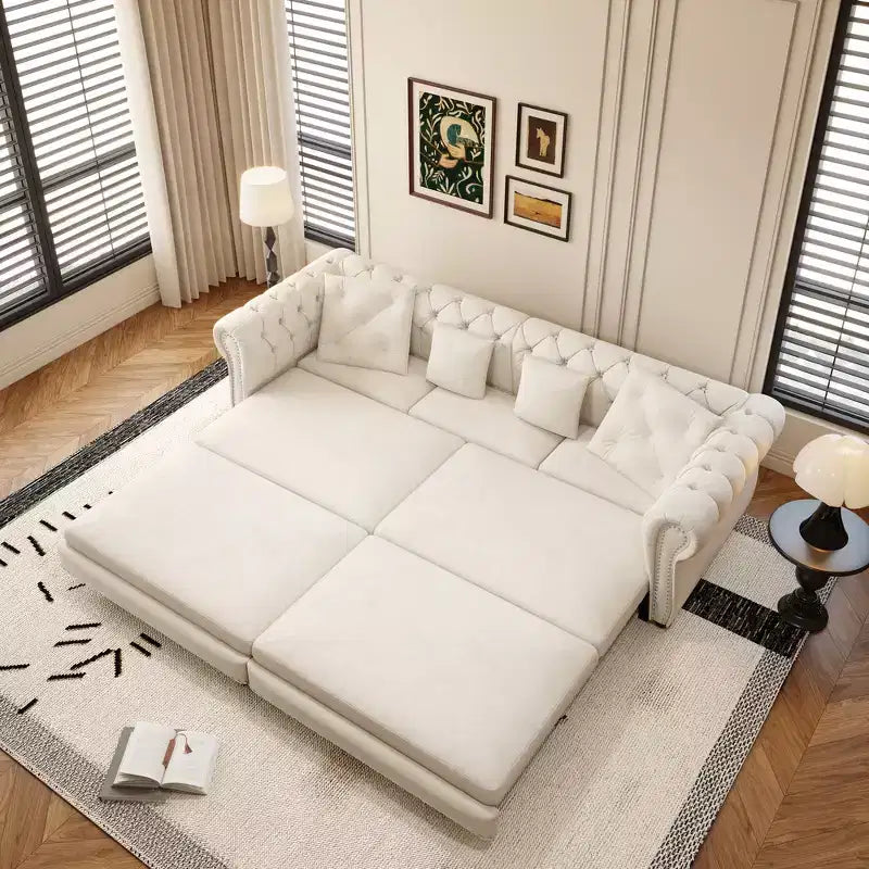 Canapé-lit escamotable et convertible Whisen en velours, format très grand lit, 3-en-1, avec ottoman amovible et design capitonné