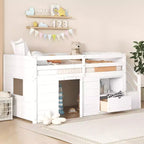 Letto soppalcato singolo Okak in legno massello con scale e spazio contenitore, letto a castello singolo basso con cassetti e ripiani, letto soppalcato multifunzionale per bambini e ragazzi