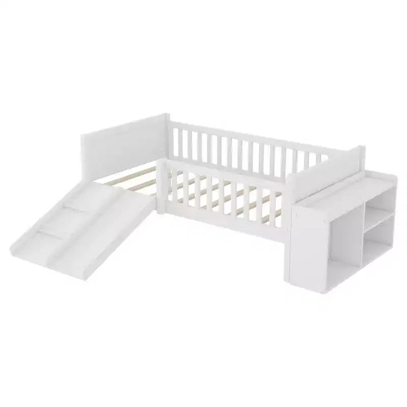 Cadre de lit mezzanine bas Whisen 1 place pour enfants avec toboggan, bibliothèque de rangement mobile et barrières de sécurité