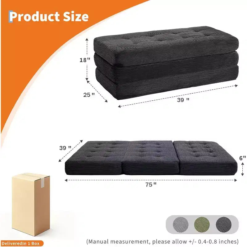 Canapé-lit convertible 39x75 à matelas en mousse à mémoire de forme pliable en trois, matelas capitonné 6