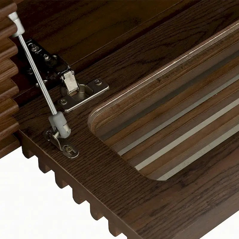 Meuble TV minimaliste avec tiroirs, console multimédia en bois massif avec placards, porte basculante, placage noyer, entièrement assemblée