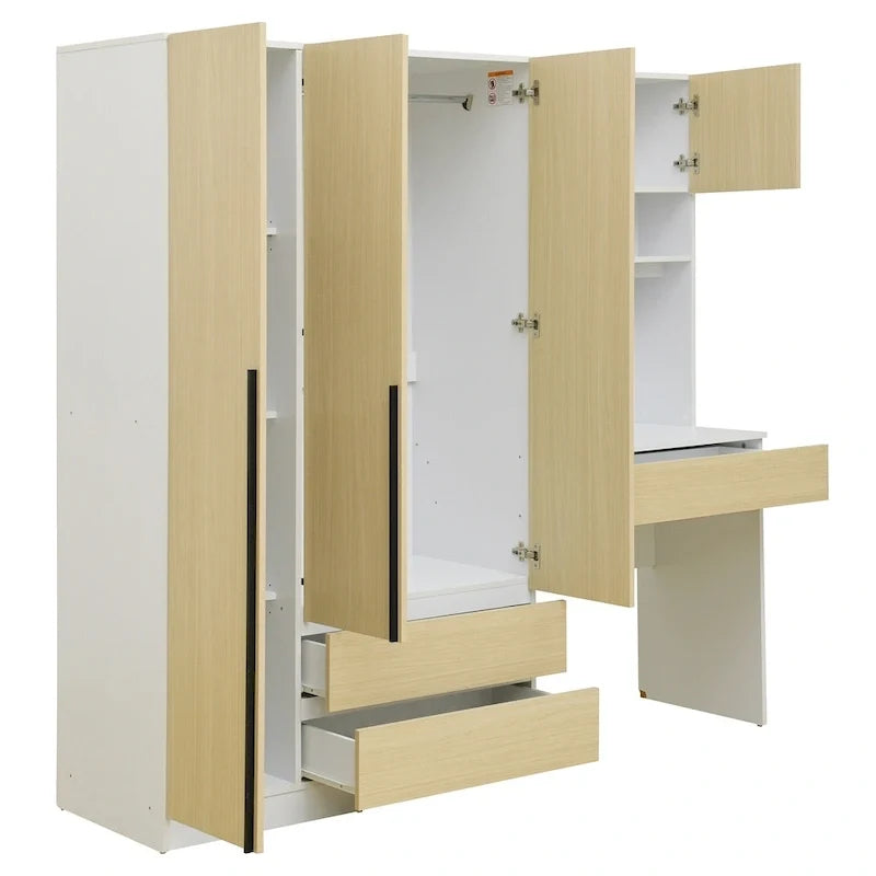 Armoire 3-en-1 avec coiffeuse, ensemble bureau, armoire de chambre avec 2 tiroirs, 3 portes et espace de rangement