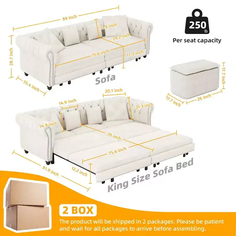 Canapé-lit escamotable et convertible Whisen en velours, format très grand lit, 3-en-1, avec ottoman amovible et design capitonné