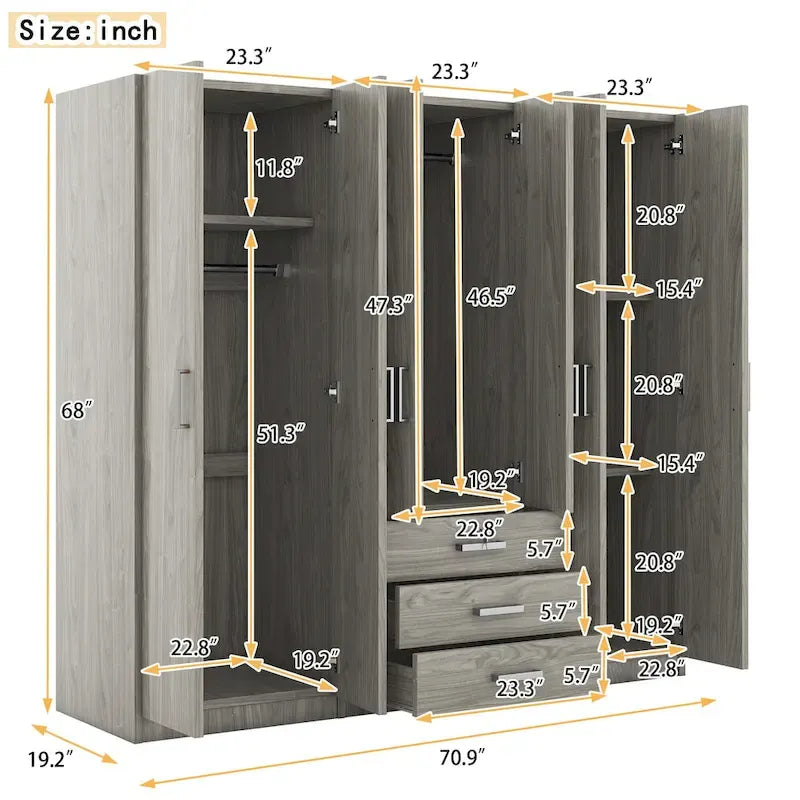 6-Doors Wooden Wardrobe Storage with 3 Big Drawers for Bedroom
