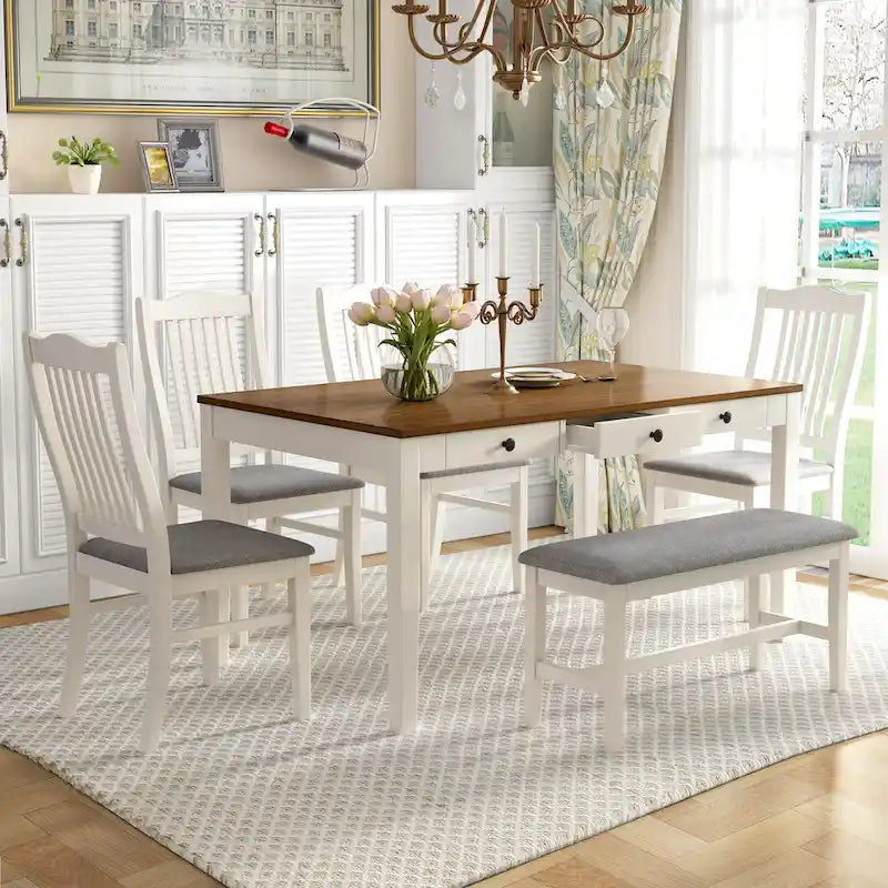 Set da pranzo in legno da 6 pezzi con 4 sedie e panca, tavolo con cassetto