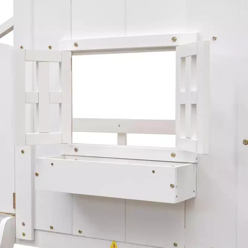 Letto a soppalco matrimoniale singolo a forma di casetta, letto rialzato in legno tipo casetta con scaletta e sponde di sicurezza per bambini