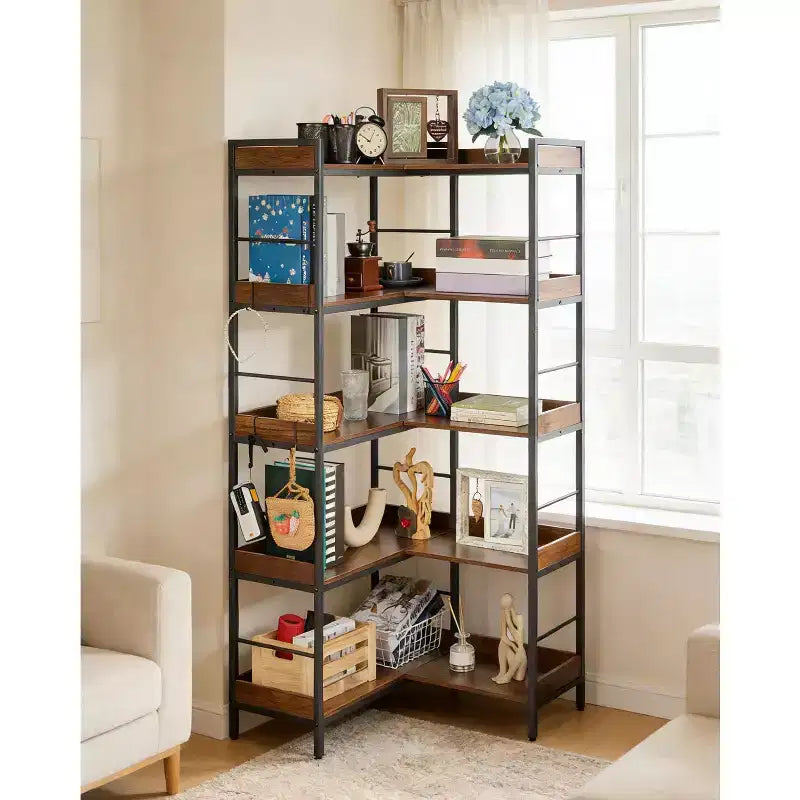 Bibliothèque d’angle en L à 5 niveaux, meuble industriel en bois et métal 65, brun rustique, rangement réversible pour salon, chambre et bureau à domicile