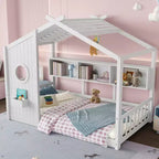 Cadre de lit plateforme en forme de maison, format une place et demie/double, lit cabane au sol pour tout-petit, lit Montessori pour enfant, lit maison de jeu avec étagère de rangement – ModernLuxe