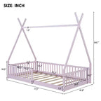 Floor Bed for Kids, Twin Size Tent Beds, Montessori Floor Bed with Slats and Fence Rails, Wood House Bed Frame for Boys Girls