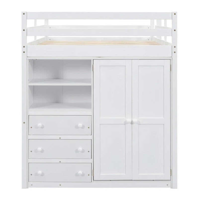 Lit mezzanine en bois 2 places avec armoire intégrée, bureau, étagères de rangement et tiroirs