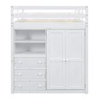 Lit mezzanine en bois 2 places avec armoire intégrée, bureau, étagères de rangement et tiroirs