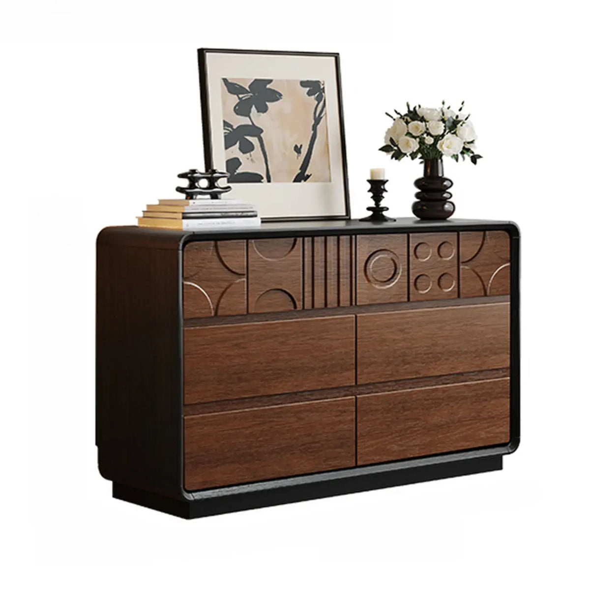 Commode en bois inspirée de l’Art déco avec motifs géométriques sculptés